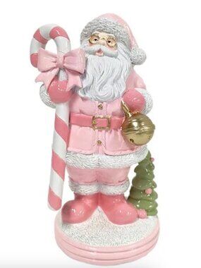 Christmas Holiday Pink Santa Décor Figure Statue Candy Cane Gold Bell New